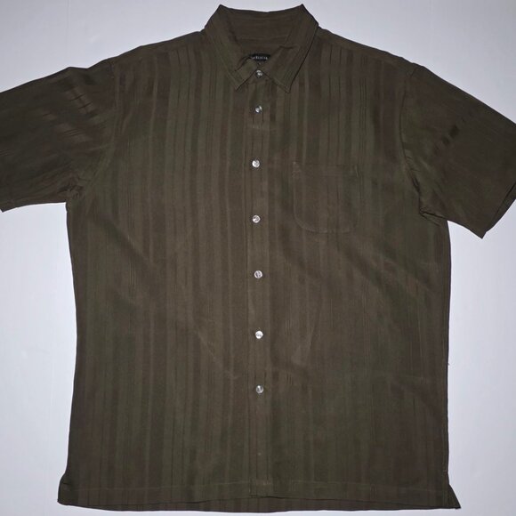 Van Heusen Mens Army Green Striped Button Up Shirt SIze Large 16/16 - Picture 1 of 8